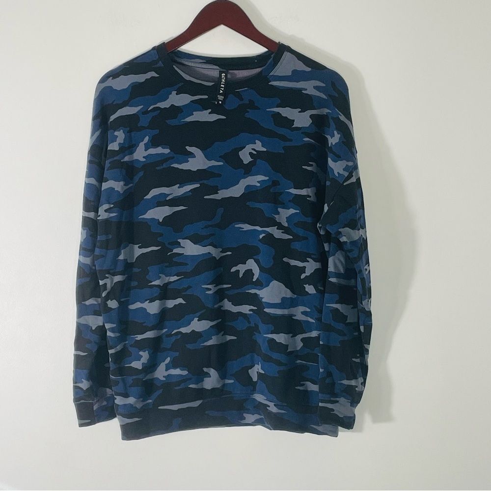 Athleta Studio To Street Printed Camo Sweatshirt in Blue & Black Size M